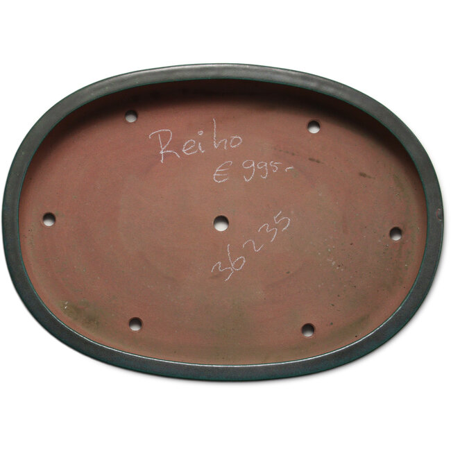 Oval blue-green bonsai pot by Seizan (Reihou, Kataoka Katsushi, master Seizan kiln) - 635 x 460 x 95 mm