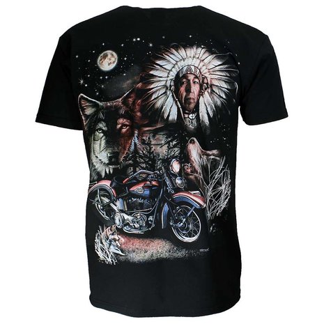 Native American Indiaan Motor Wolf Maan T-shirt Zwart Native American Indiaan Motor Wolf Maan T-shirt Zwart
