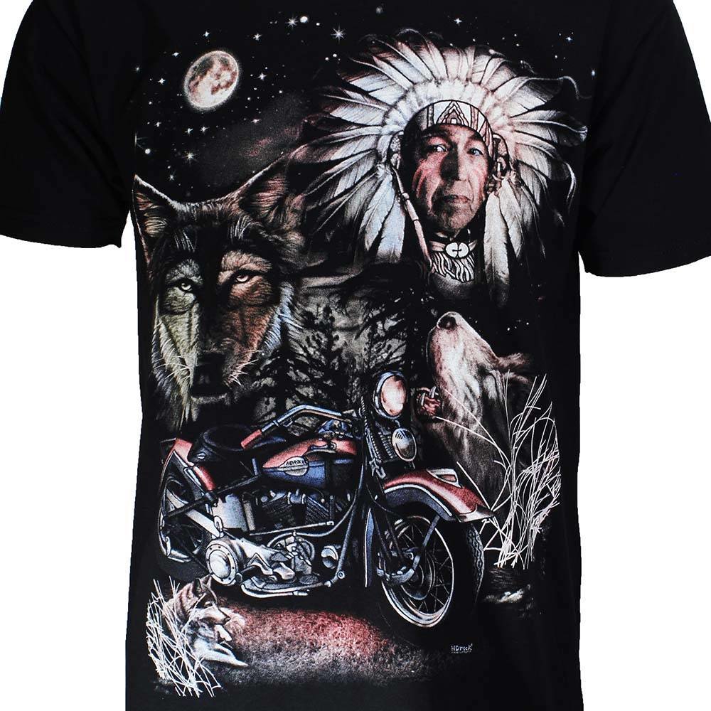 Native American Indiaan Motor Wolf Maan T-shirt Zwart Native American Indiaan Motor Wolf Maan T-shirt Zwart