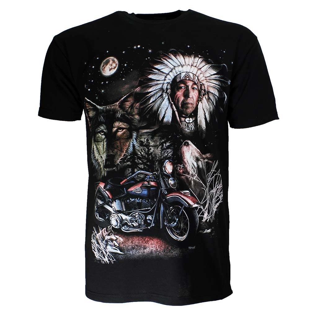Rock Eagle / Biker T-Shirts Native American Indiaan Motor Wolf Maan T-shirt Zwart Rock Eagle / Biker T-Shirts Native American Indiaan Motor Wolf Maan T-shirt Zwart