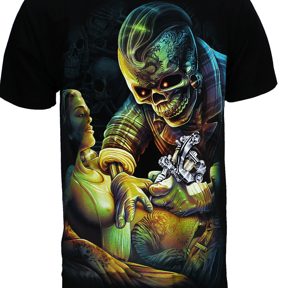 Tattoo-Künstler-Skelett-3D-T-Shirt, schwarz, leuchtet im Dunkeln Tattoo-Künstler-Skelett-3D-T-Shirt, schwarz, leuchtet im Dunkeln