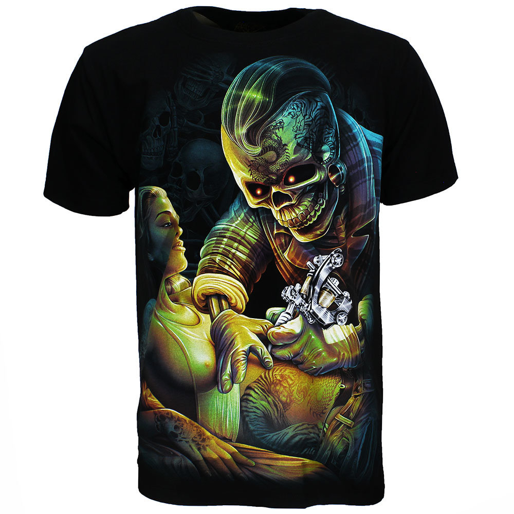 Tattoo-Künstler-Skelett-3D-T-Shirt, schwarz, leuchtet im Dunkeln Tattoo-Künstler-Skelett-3D-T-Shirt, schwarz, leuchtet im Dunkeln