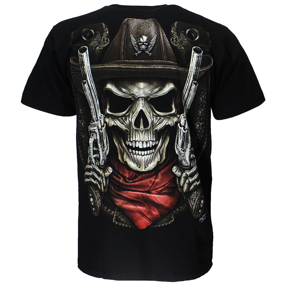 Totenkopf-Sheriff-2-Guns-T-Shirt, schwarz, leuchtet im Dunkeln Totenkopf-Sheriff-2-Guns-T-Shirt, schwarz, leuchtet im Dunkeln