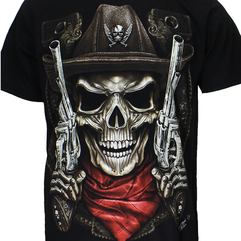 Totenkopf-Sheriff-2-Guns-T-Shirt, schwarz, leuchtet im Dunkeln Totenkopf-Sheriff-2-Guns-T-Shirt, schwarz, leuchtet im Dunkeln
