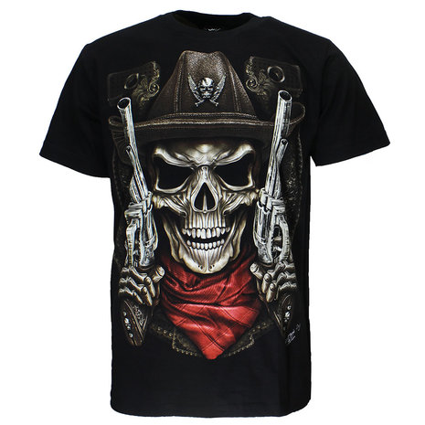 Totenkopf-Sheriff-2-Guns-T-Shirt, schwarz, leuchtet im Dunkeln Totenkopf-Sheriff-2-Guns-T-Shirt, schwarz, leuchtet im Dunkeln
