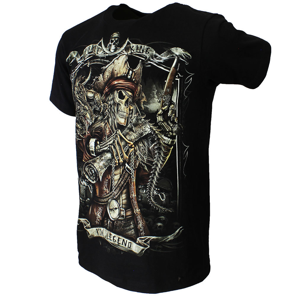 Rock Eagle / Biker T-Shirts Piratenkönig, im Dunkeln leuchtendes Piratenkönig-T-Shirt, Schwarz Rock Eagle / Biker T-Shirts Piratenkönig, im Dunkeln leuchtendes Piratenkönig-T-Shirt, Schwarz