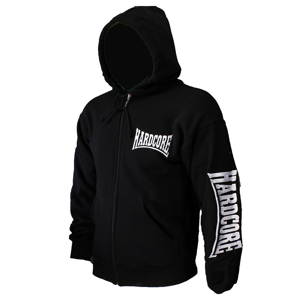 Hardcore Logo Vest Hoodie met Rits Geborduurd Zwart Mooie zwarte trui met capuchon. Logo op voorkant en