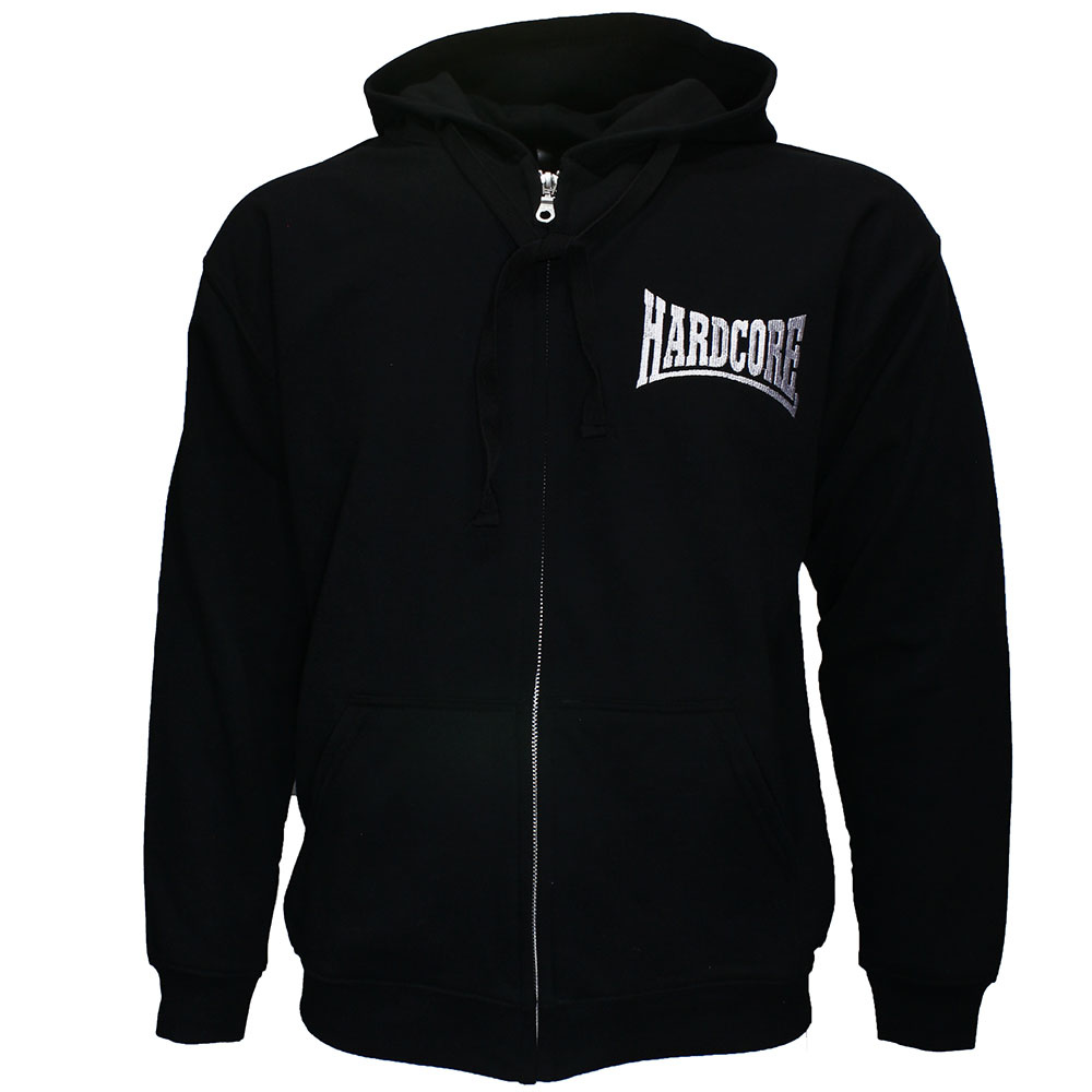 Hardcore Logo Hoodie Vest met rits geborduurd Zwart Mooie zwarte trui met capuchon. Logo op voorkant en