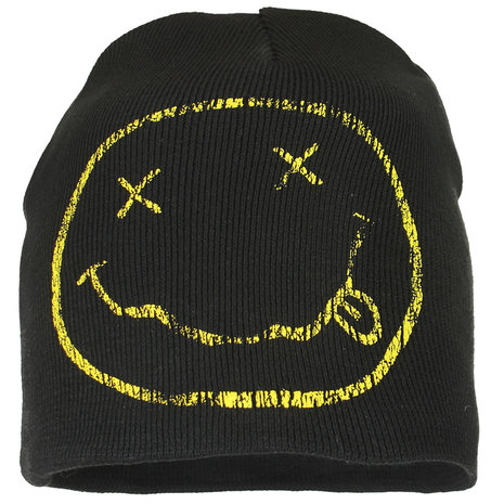 Band Merchandise Nirvana Smiley Band Logo Beanie Muts Zwart - Officiële Merchandise Band Merchandise Nirvana Smiley Band Logo Beanie Muts Zwart - Officiële Merchandise