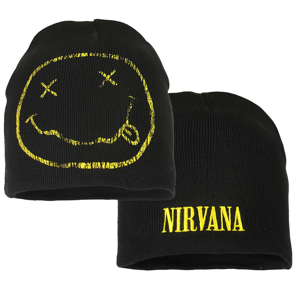 Band Merchandise Nirvana Smiley Band Logo Beanie Hat Black - Official Merchandise Band Merchandise Nirvana Smiley Band Logo Beanie Hat Black - Official Merchandise