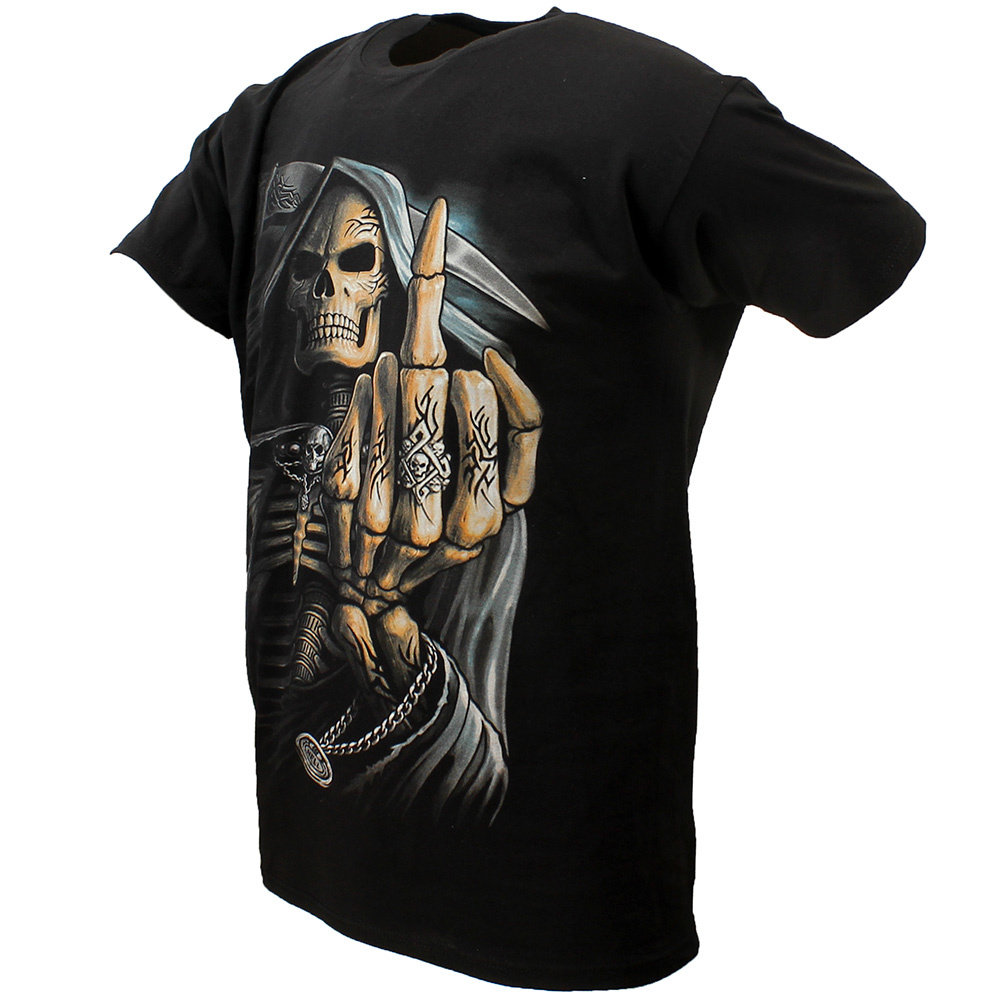 Rock Eagle / Biker T-Shirts Grim Reaper Tribal Middle Finger T-Shirt Black / Grey Rock Eagle / Biker T-Shirts Grim Reaper Tribal Middle Finger T-Shirt Black / Grey