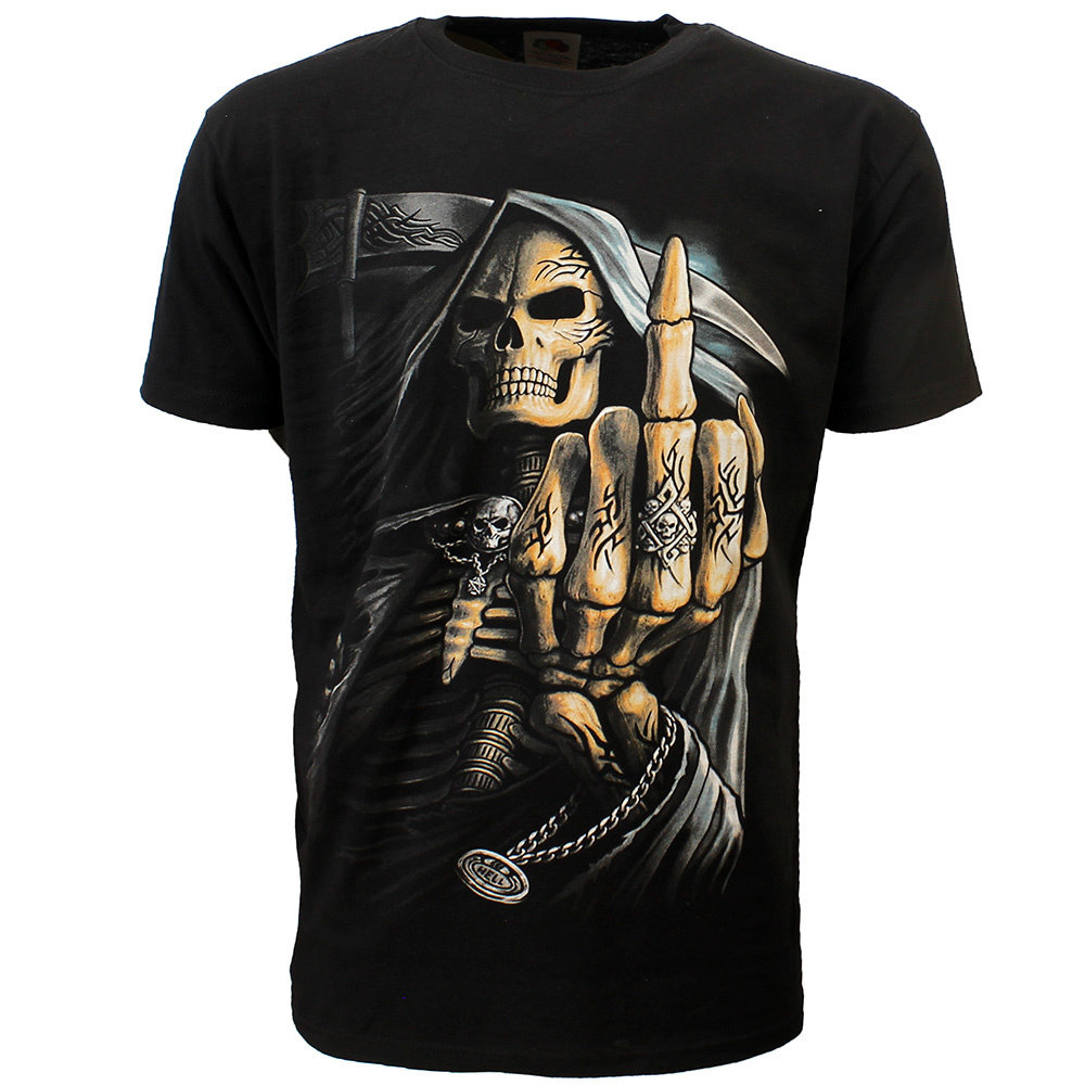 Rock Eagle / Biker T-Shirts Grim Reaper Tribal Middle Finger T-Shirt Black / Grey Rock Eagle / Biker T-Shirts Grim Reaper Tribal Middle Finger T-Shirt Black / Grey