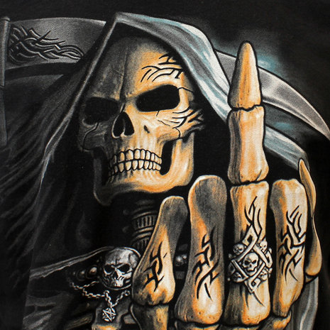 Grim Reaper Tribal Middelvinger T-Shirt Zwart / Grijs Grim Reaper Tribal Middelvinger T-Shirt Zwart / Grijs