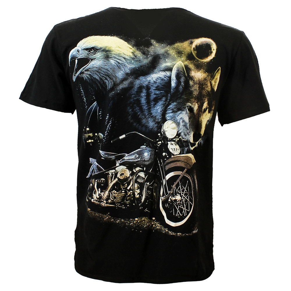 Rock Eagle / Biker T-Shirts Wolf Eagle and Motorcycle in the Night T-Shirt Black Rock Eagle / Biker T-Shirts Wolf Eagle and Motorcycle in the Night T-Shirt Black