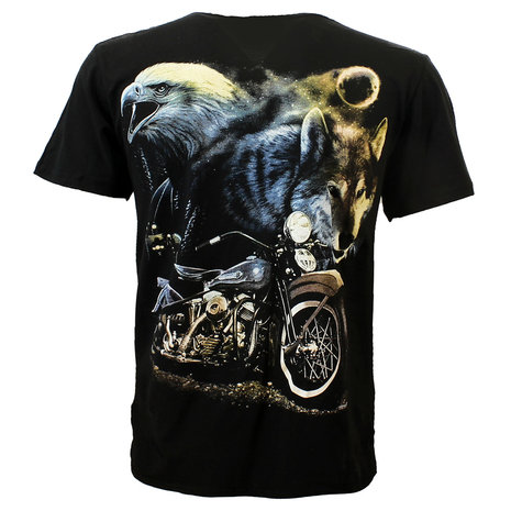 Rock Eagle / Biker T-Shirts Wolf Eagle and Motorcycle in the Night T-Shirt Black Rock Eagle / Biker T-Shirts Wolf Eagle and Motorcycle in the Night T-Shirt Black