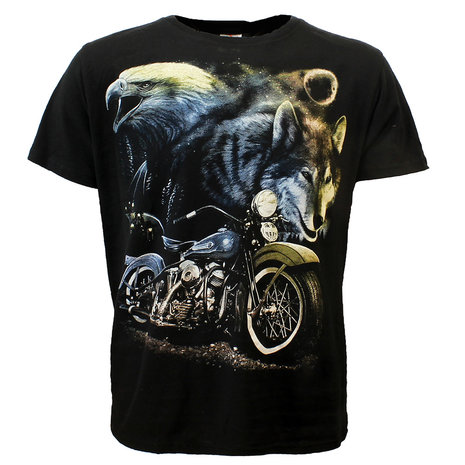 Rock Eagle / Biker T-Shirts Wolf Eagle and Motorcycle in the Night T-Shirt Black Rock Eagle / Biker T-Shirts Wolf Eagle and Motorcycle in the Night T-Shirt Black