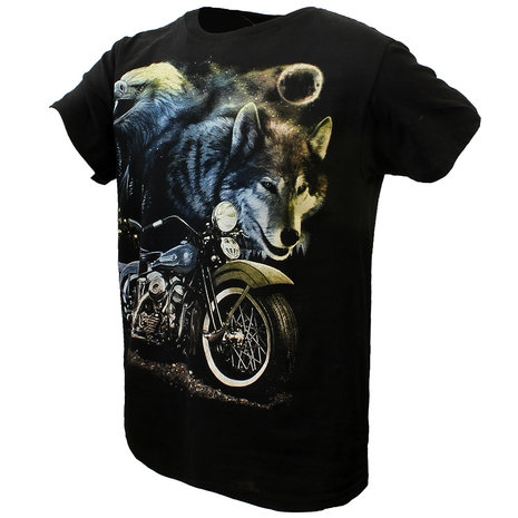 Rock Eagle / Biker T-Shirts Wolf Eagle und Motorrad in der Nacht T-Shirt Schwarz Rock Eagle / Biker T-Shirts Wolf Eagle und Motorrad in der Nacht T-Shirt Schwarz