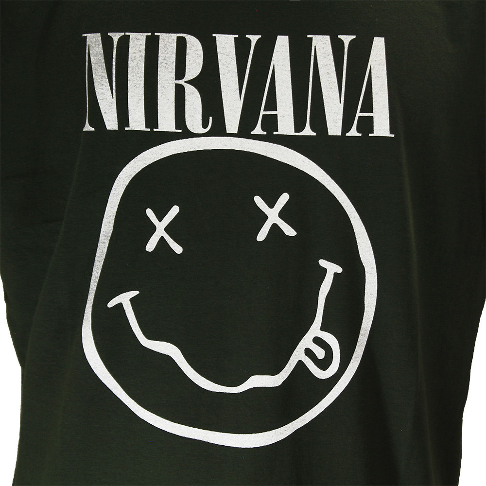 Band Merchandise Dunkelgrünes Smiley-T-Shirt von Nirvana – offizielles Produkt Band Merchandise Dunkelgrünes Smiley-T-Shirt von Nirvana – offizielles Produkt