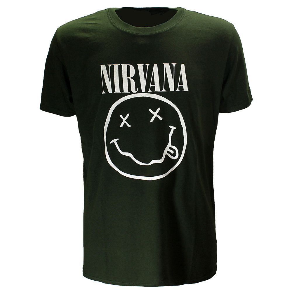 Band Merchandise Nirvana Witte Smiley Donker Groen T-Shirt - Officiële Merchandise Band Merchandise Nirvana Witte Smiley Donker Groen T-Shirt - Officiële Merchandise