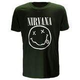 Band Merchandise Nirvana White Smiley Dark Green T-Shirt