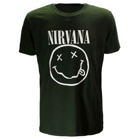Band Merchandise Nirvana Witte Smiley Donker Groen T-Shirt - Officiële Merchandise Band Merchandise Nirvana Witte Smiley Donker Groen T-Shirt - Officiële Merchandise