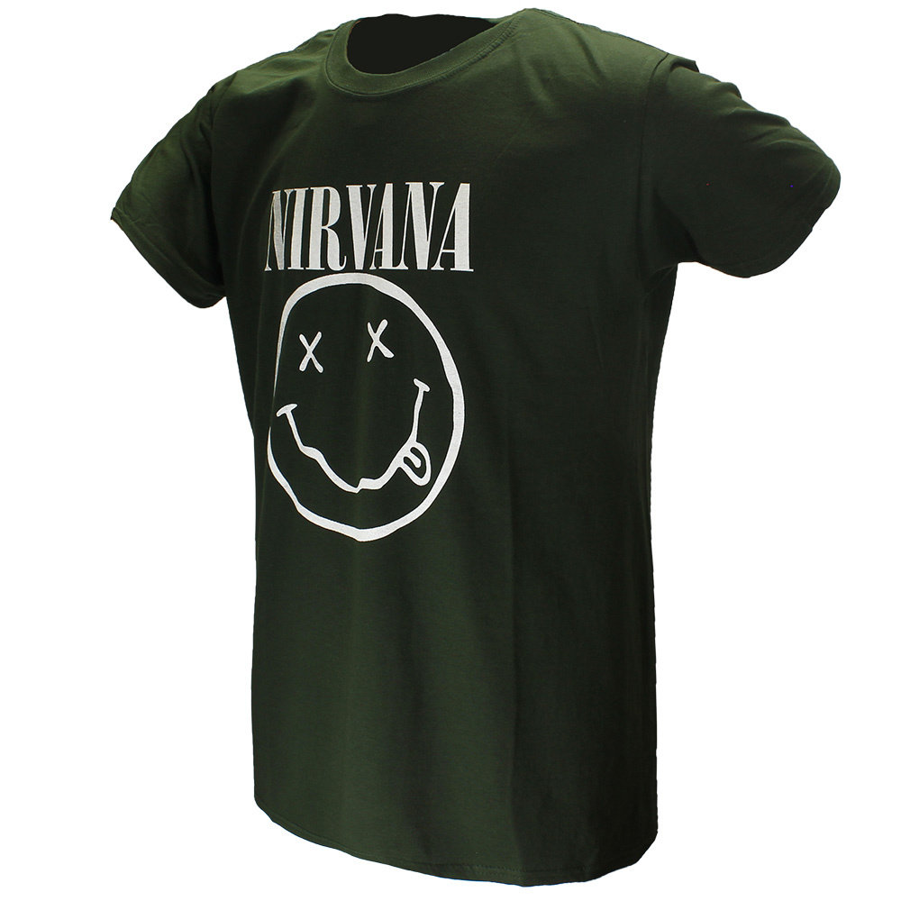 Band Merchandise Nirvana Witte Smiley Donker Groen T-Shirt - Officiële Merchandise Band Merchandise Nirvana Witte Smiley Donker Groen T-Shirt - Officiële Merchandise