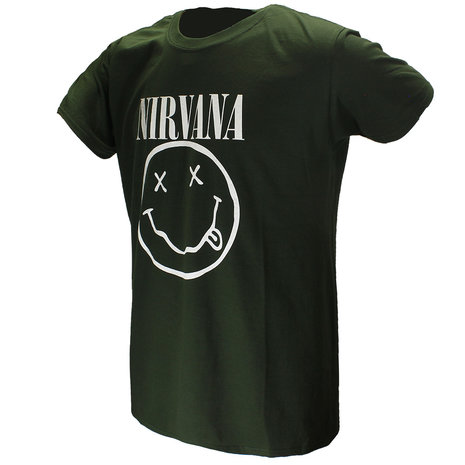 Band Merchandise Nirvana Witte Smiley Donker Groen T-Shirt - Officiële Merchandise Band Merchandise Nirvana Witte Smiley Donker Groen T-Shirt - Officiële Merchandise