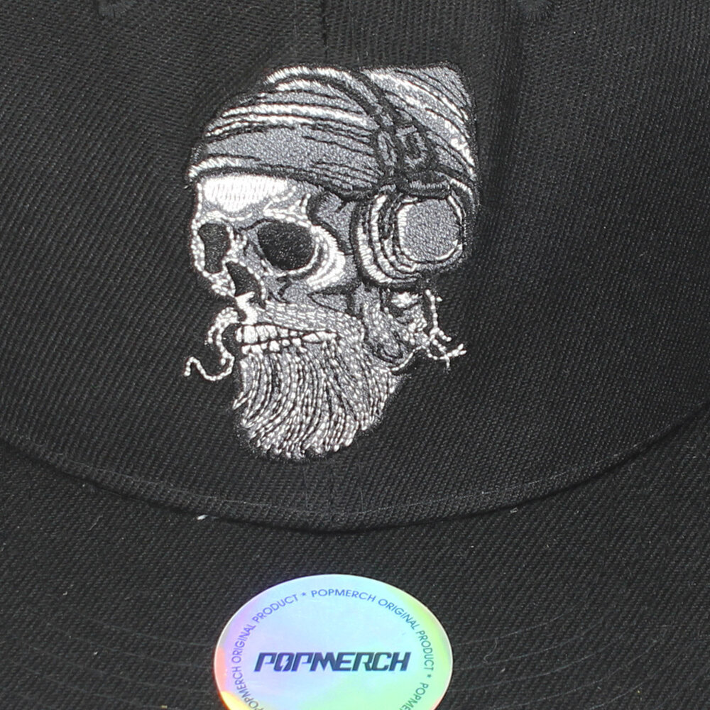 Popmerch Originals Biker-Totenkopf mit Bart und Kopfhörer, Snapback-Cap, originelles Design Popmerch Originals Biker-Totenkopf mit Bart und Kopfhörer, Snapback-Cap, originelles Design