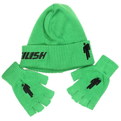 帽子 [0] BILLIE EILISH NEON GREEN BEANIE Rock Off Billie Eilish Beanie Hat and Glove Set Blohsh Logo