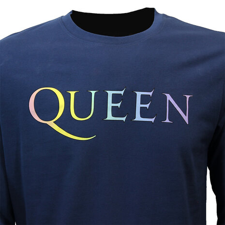 Band Merchandise Queen Rainbow Crest Denim Blue Longsleeve T-Shirt - Official Merchandise Band Merchandise Queen Rainbow Crest Denim Blue Longsleeve T-Shirt - Official Merchandise