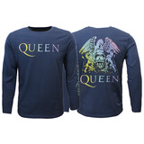 Band Merchandise Queen Rainbow Crest Denim Blue Longsleeve T-Shirt Band Merchandise Queen Rainbow Crest Denim Blue Longsleeve T-Shirt