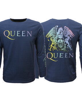 Band Merchandise Queen Rainbow Crest Denim Blue Longsleeve T-Shirt Band Merchandise Queen Rainbow Crest Denim Blue Longsleeve T-Shirt