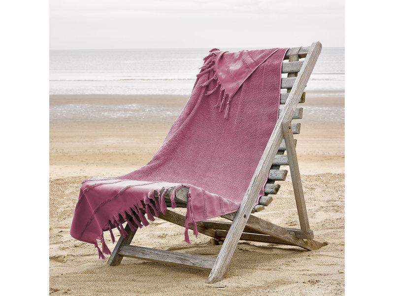 De Witte Lietaer Drap de plage Hammam à pompons Fjara 100 x 180 cm - vin rosé