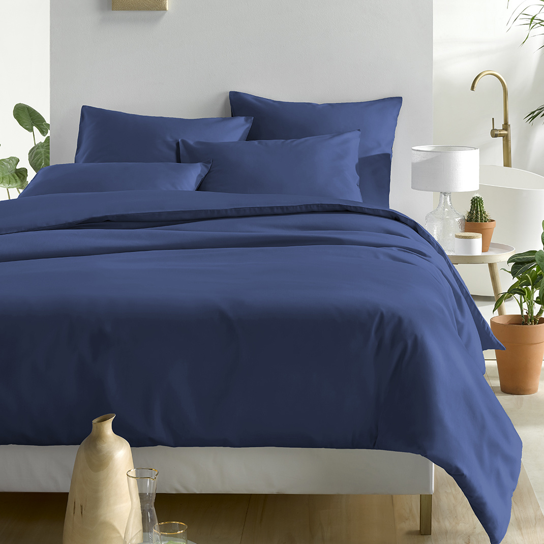 DWL Housse de couette, 100% coton, satin, uni couleur OLIVIA Bleu indigo  1/200x200/220-fb40 2/60x70-hv25 