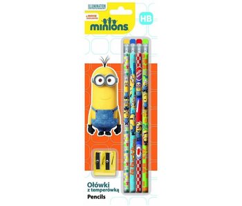 Minions Set aus 4 Bleistiften mit Radiergummi und Spitzer