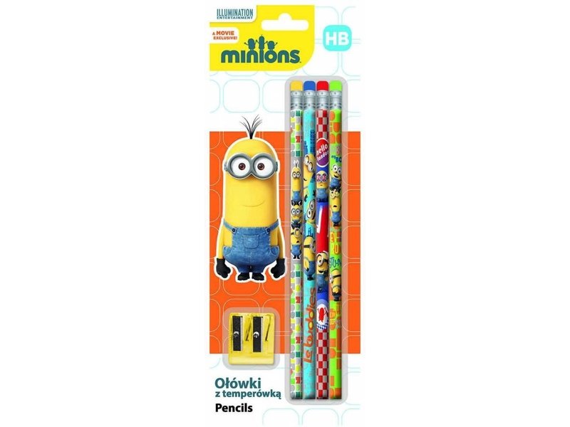 Minions Set aus 4 Bleistiften mit Radiergummi und Spitzer