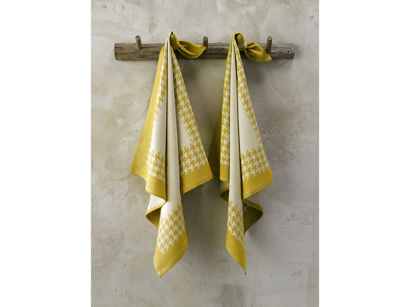 De Witte Lietaer Tea towel Pied de Poule, Ocher - 2 pieces - 65 x 65 cm - Cotton