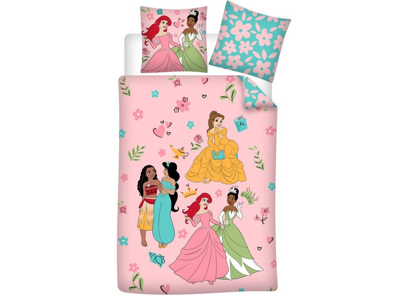 Disney Princess Bettbezug, Princess Party – Einzelbett – 140 x 200 + 65 x 65 cm – Baumwolle