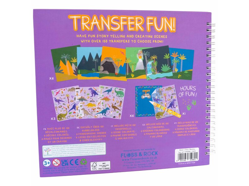 Floss & Rock Transfer-Spiel-/Zeichenbuch, Dino – 24 x 21 x 0,8 cm – Mehrfarbig