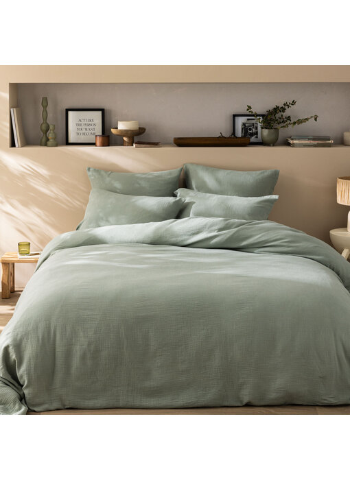 Matt & Rose Bettbezug Moosgrün 240 x 220 + (2x) 65 x 65 Musselin Baumwolle