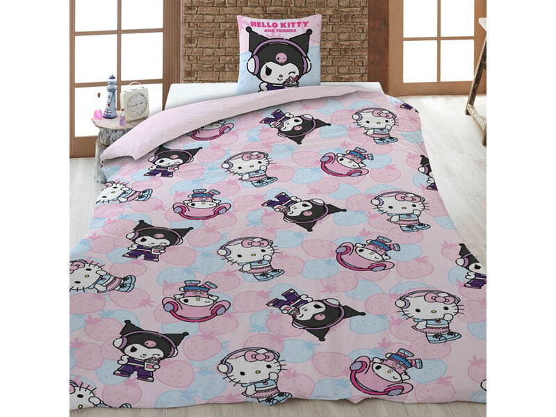 Hello Kitty & Friends Housse de couette Hello Kitty My Melody Kuromi - 140 x 200 + 65 x 65 cm - Polycoton