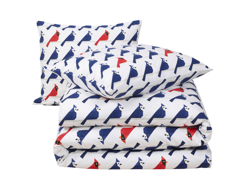 Moodit Bettbezug Odil Flipo Blau Kuckuck Rot - 260 x 240 + 2 x 60 x 70 cm - Weiß - Baumwolle