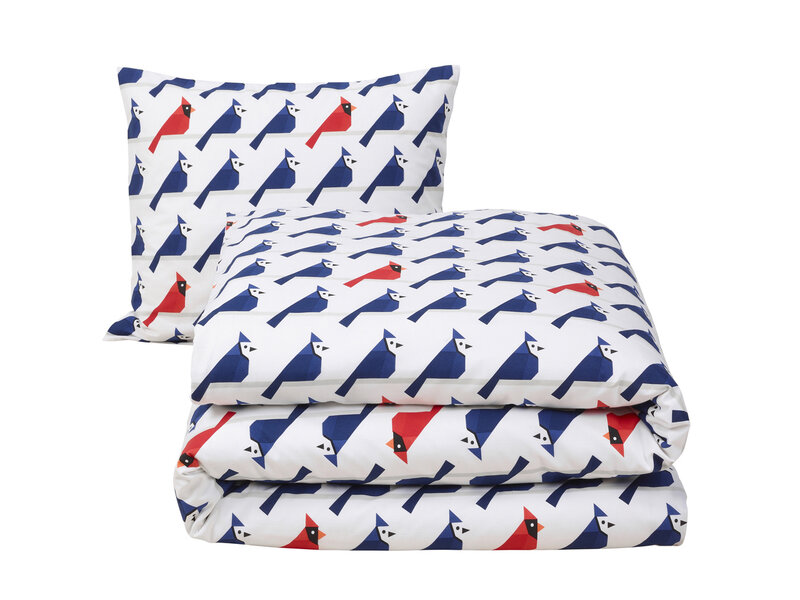 Moodit Housse de couette Odil Flipo Cuckoo Rouge - 140 x 200/220 + 60 x 70 cm - Blanche - Coton