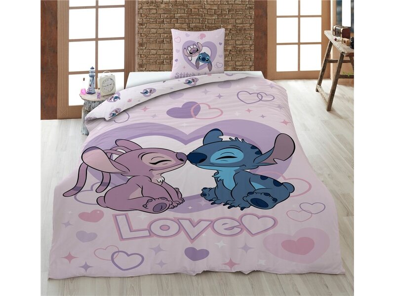 Disney Lilo & Stitch Housse de couette - Amour - 1 personne - 140 x 200 cm - 65 x 65 cm - Polycoton