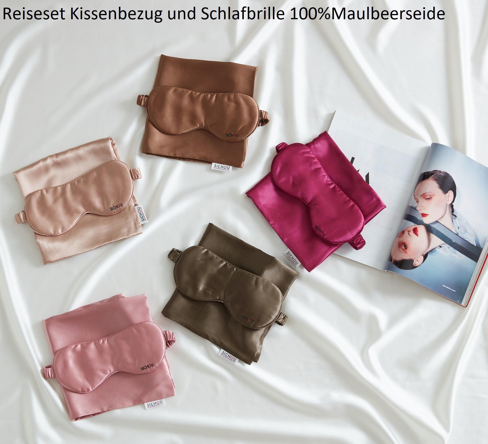 Sichou Seidenmanufaktur   Reiseset Seide - Schlafbrille und Kissen 40x40cm- verschiedene Farben