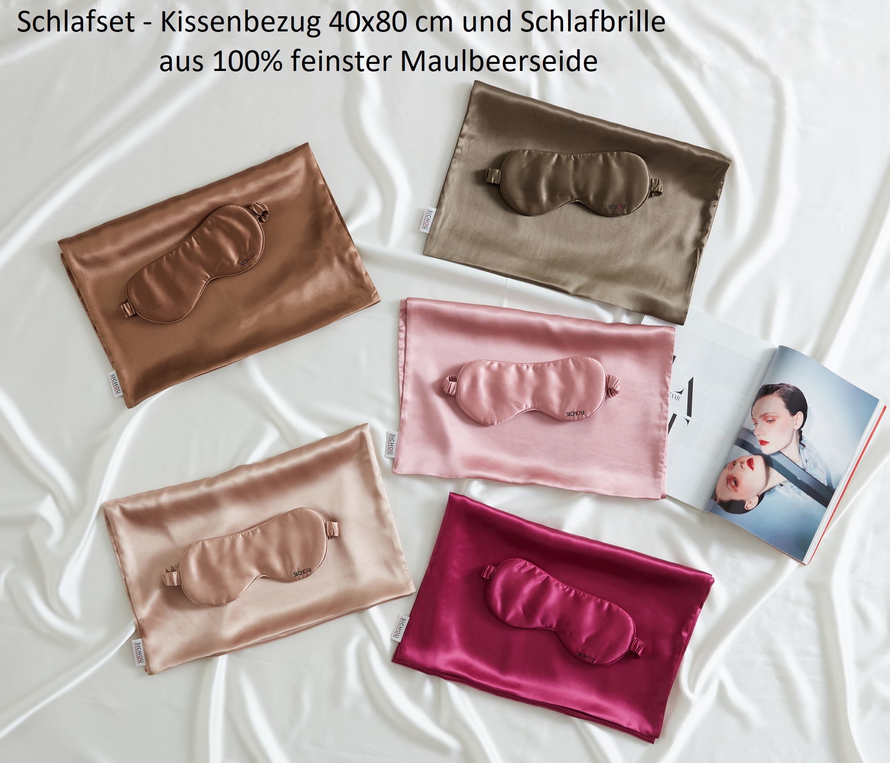 Sichou Seidenmanufaktur    Schlafset Seide - Schlafbrille und Kissen 40x80cm- verschiedene Farben
