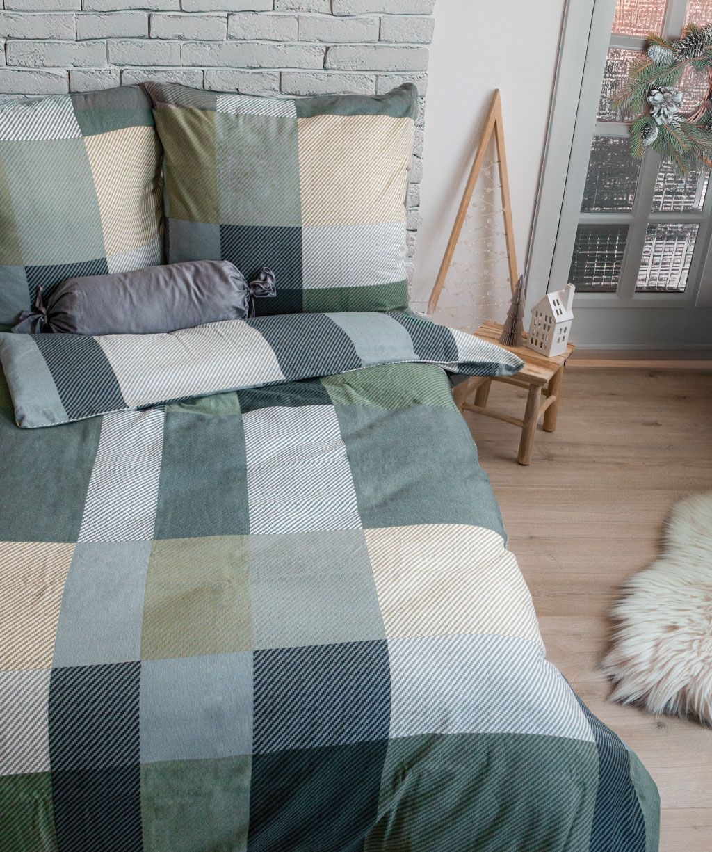 fleuresse – Hochwertige Bettwäsche Fleuresse ASPEN - Feinbiber Bettwäsche Karomuster Grün / Braun  434477