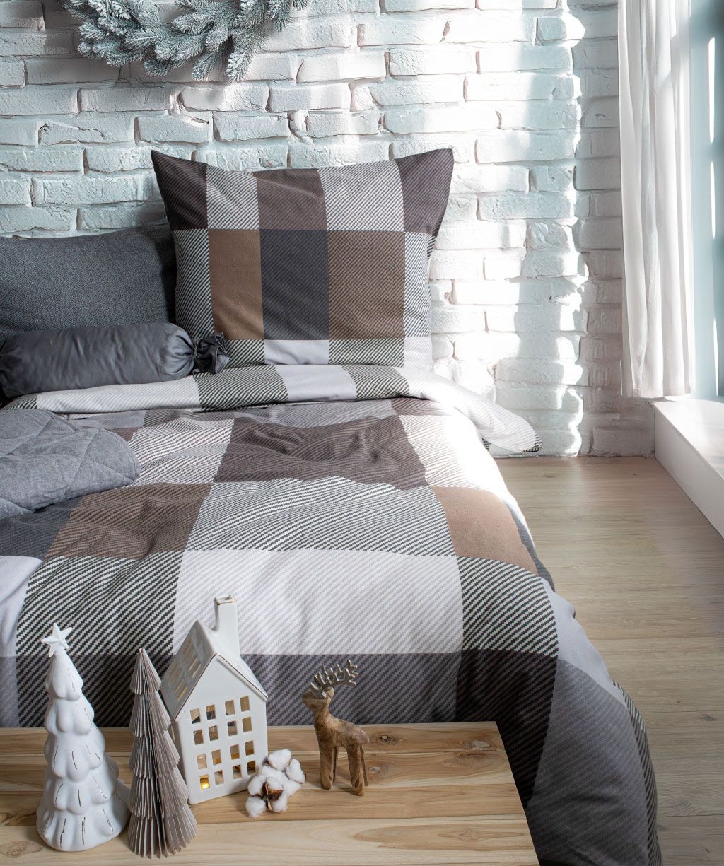 fleuresse – Hochwertige Bettwäsche Fleuresse ASPEN - Feinbiber Bettwäsche Karomuster Grün / Braun  434477