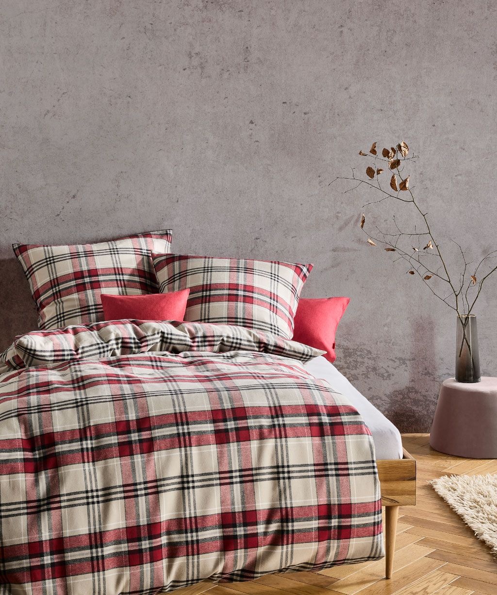 fleuresse – Hochwertige Bettwäsche Fleuresse LECH - Flanell Bettwäsche - Rot-Beige karriert   604465