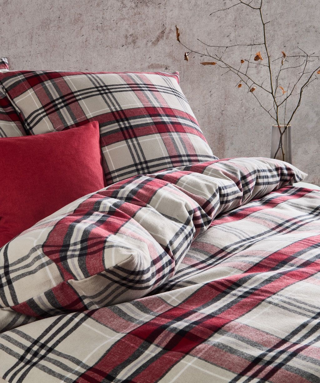 fleuresse – Hochwertige Bettwäsche Fleuresse LECH - Flanell Bettwäsche - Rot-Beige karriert   604465